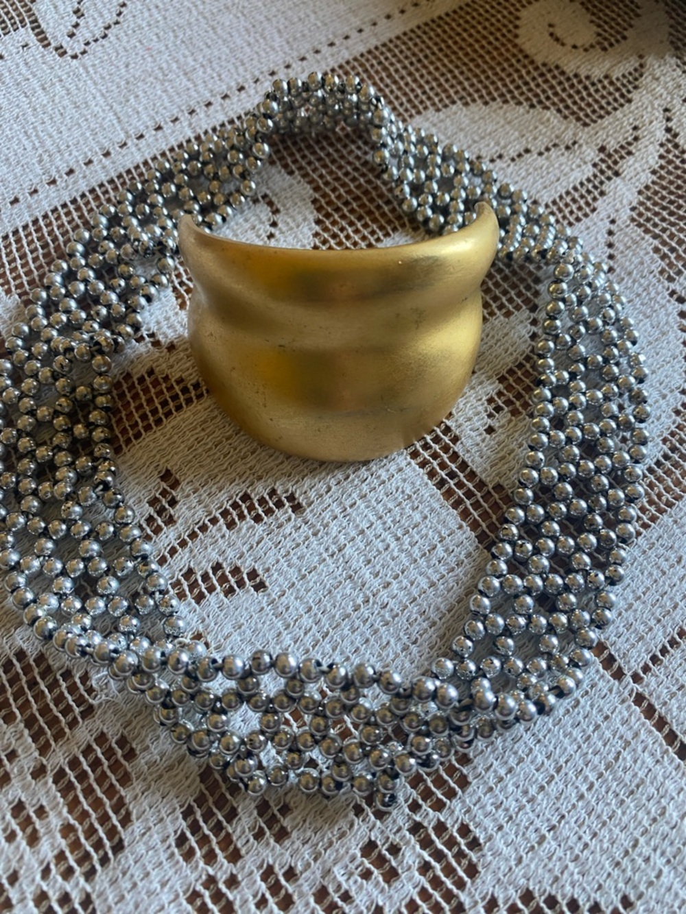 Gold Sculpted Hair Cuff with Silver Beaded Accent